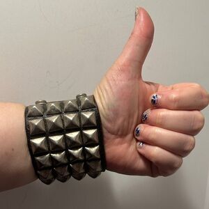 Silver Studded Black Leather Cuff Bracelet